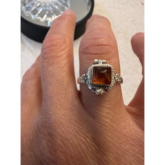 Amber Bali Sterling Silver Hinged Poison Ring Size 8 New Gift - Picture 6 of 14
